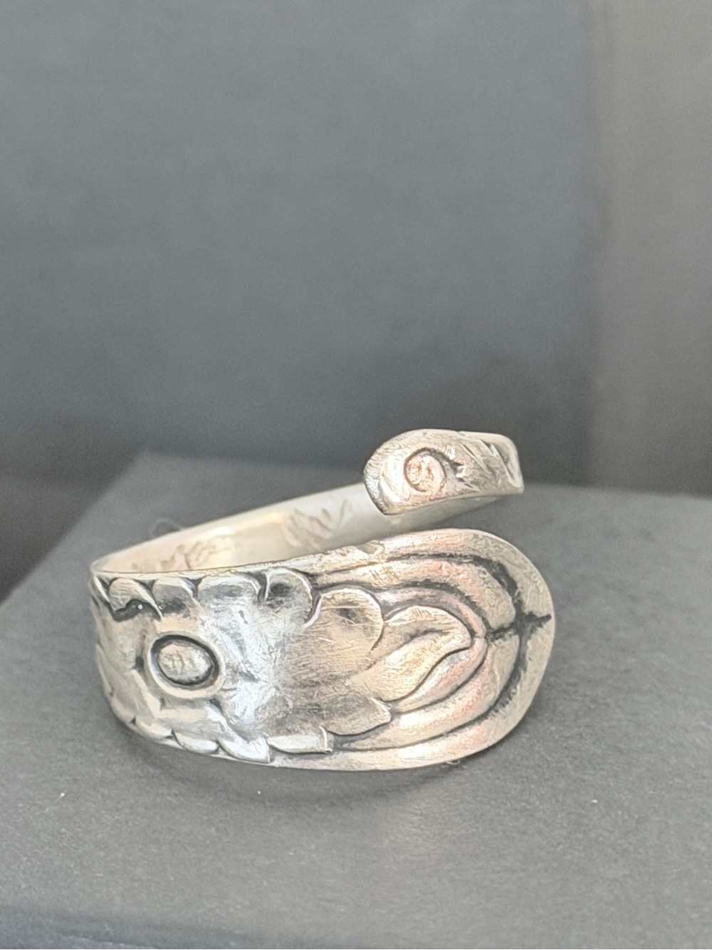 Vintage Sterling Silver Spoon Ring, Floral Wrap-Around Band, Size Adjustable